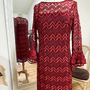 Sandra Darren Red Chevron Lace Overlay Dress